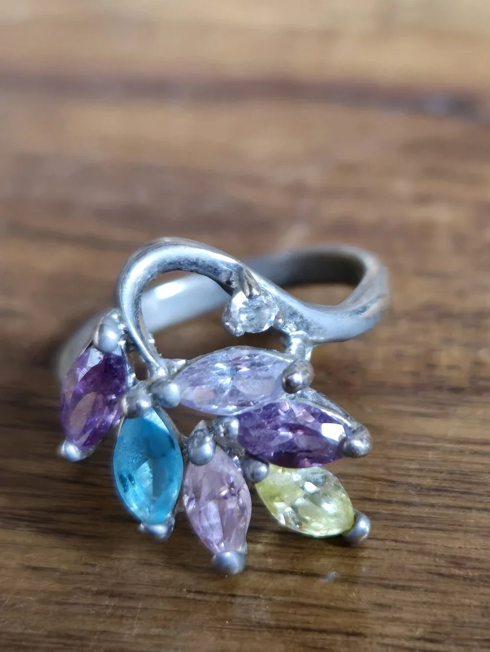 Vintage Silver Tone Multicolor Rhinestone Floral Ring Size 4.25